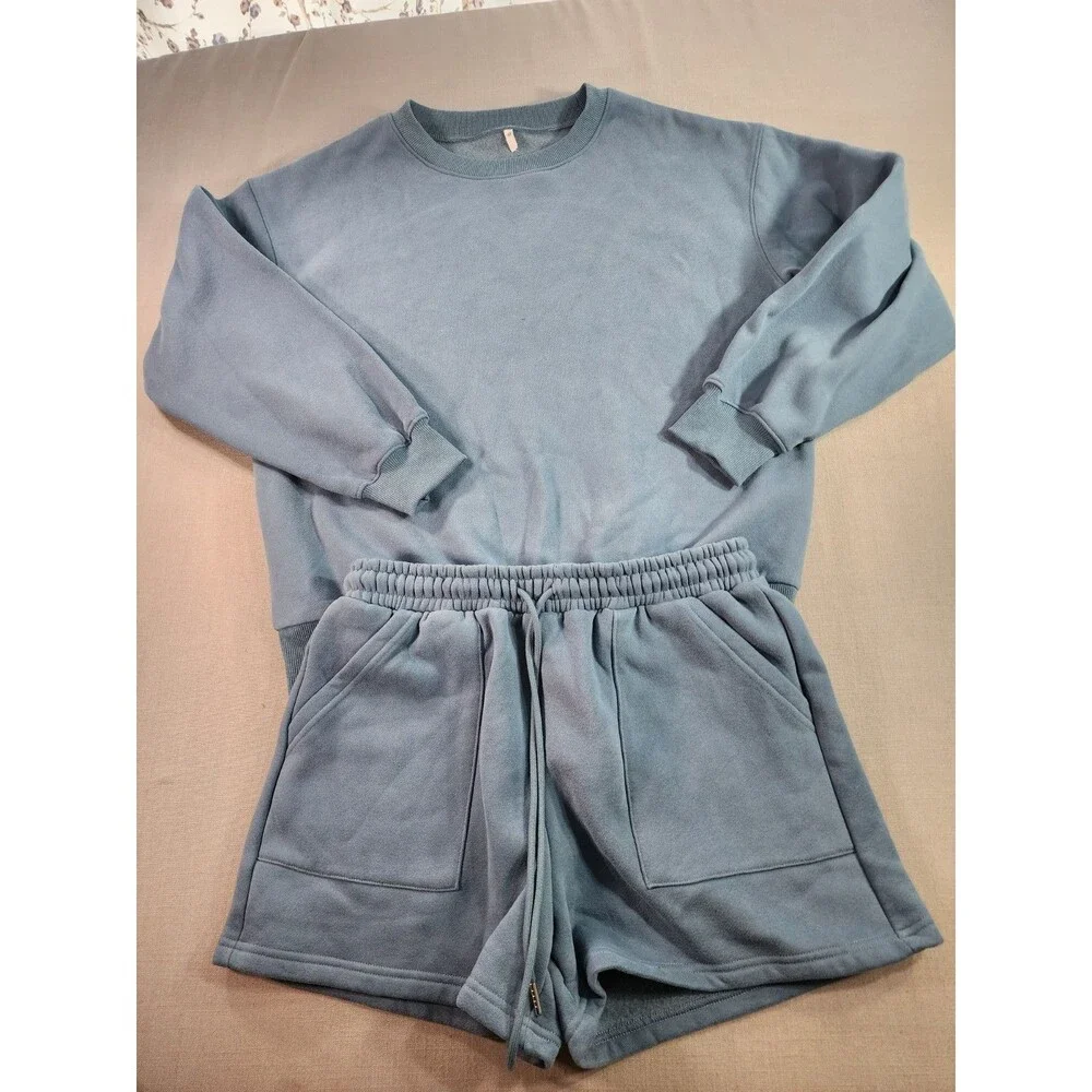 Women's Blue Fleece Lounge Set Sweatshirt & Shorts Matching 2-Piece...